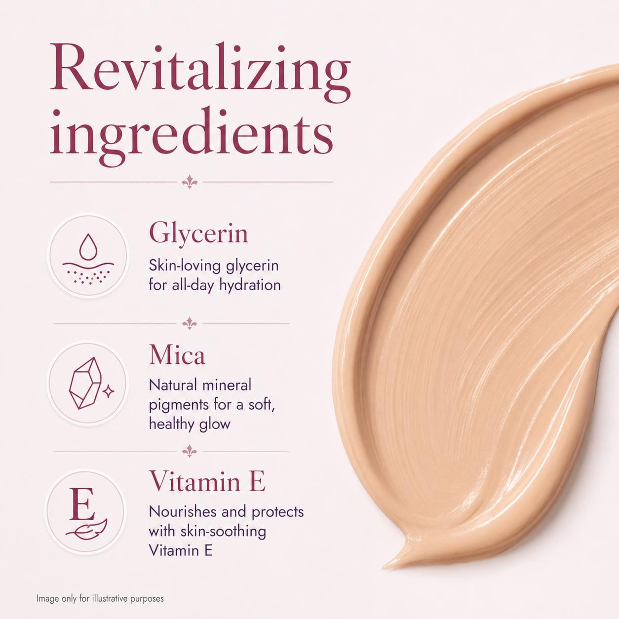 The three headline ingredients: glycerin, mica and vitamin E