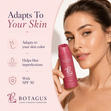 The pump bottle held beside a face, showing how the formula adapts to skin tone