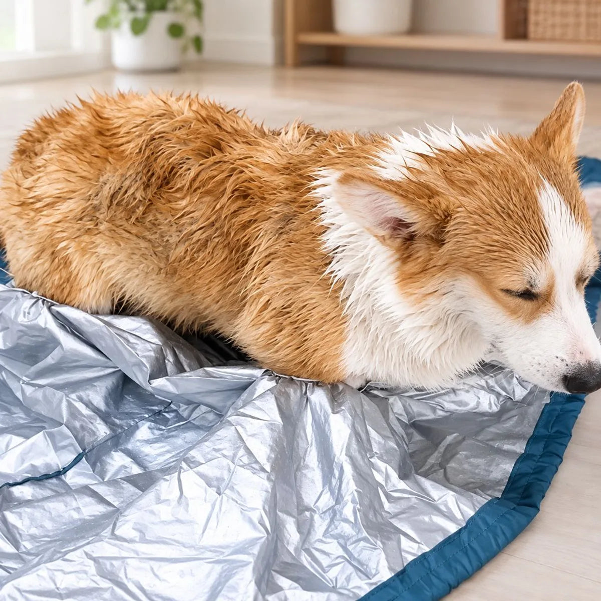 Perro recien banado, mojado, antes de usar la bolsa secadora Pawdry