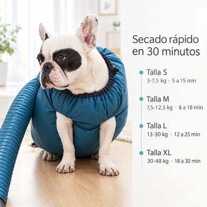 Guia de tallas S, M, L y XL de la bolsa secadora Pawdry para perros segun el peso