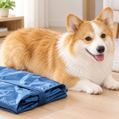 Bolsa secadora Pawdry plegada junto a un perro, lista para guardar en un cajon o llevar de viaje