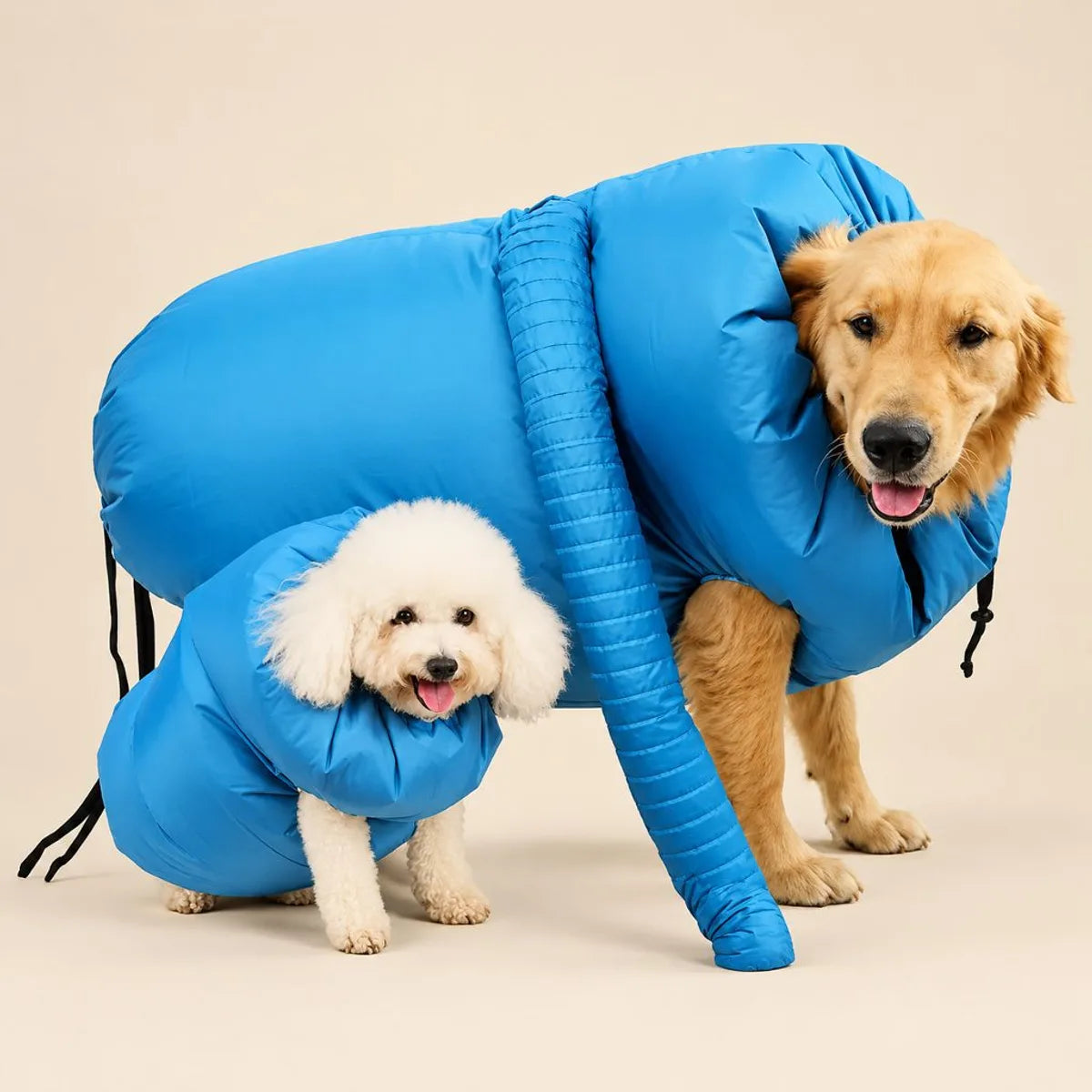 Dos perros de distinto tamano usando la bolsa secadora Pawdry, disponible en varias tallas