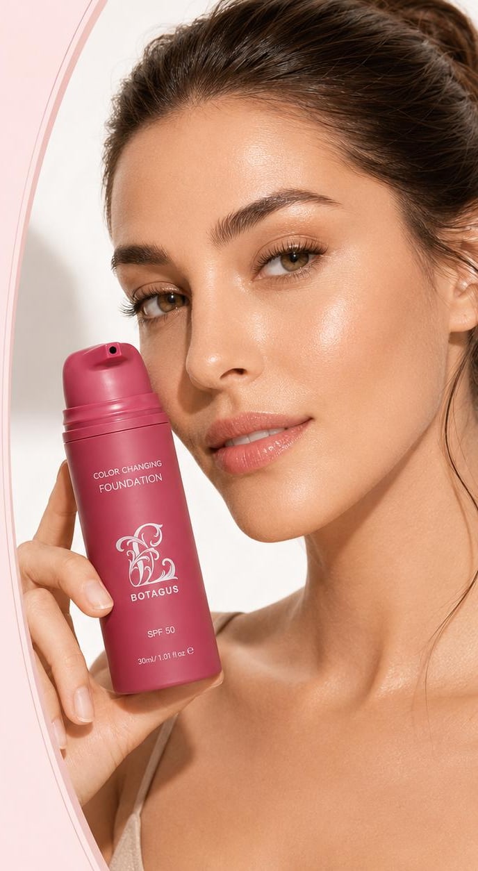 The Brisalva 2-in-1 colour-changing foundation pump bottle held beside a face
